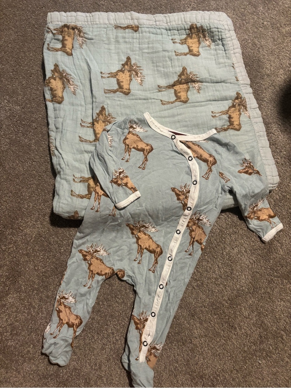 Milkbarn Light Blue Moose Print Muslin Footed Romper and Blanket Set